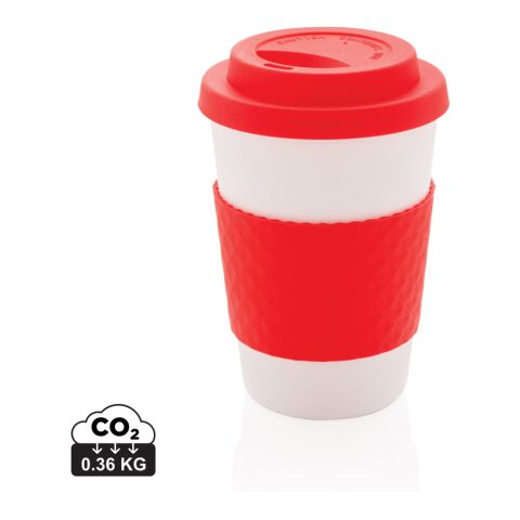 Werbeartikel 270 ml Mehrweg-Kaffeebecher aus 100% recycelbarem PP mit Silikon-Sleeve & Deckel, mikrowellengeeignet – rot – mit Logo bedruckt
