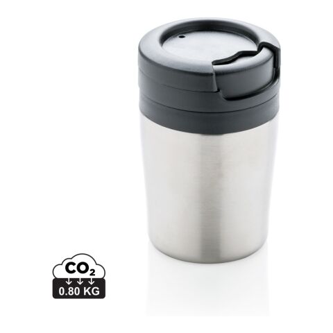 Werbeartikel 160 ml Coffee-to-go Isolierbecher doppelwandig kompakt nur 8 cm hoch ideal für Kapselmaschinen – silber – mit Logo bedruckt