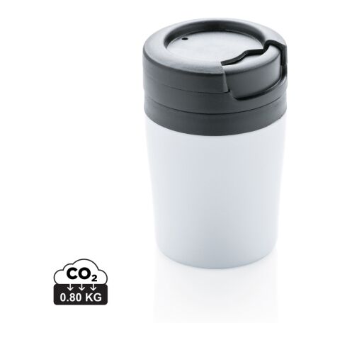 Werbeartikel 160 ml Coffee-to-go Isolierbecher doppelwandig kompakt nur 8 cm hoch ideal für Kapselmaschinen – weiss – mit Logo bedruckt