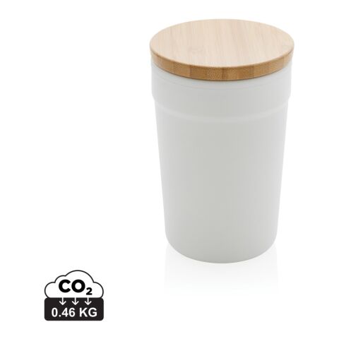 Werbeartikel 300 ml Coffee-to-go Becher aus Recycling-Kunststoff mit FSC®-Bambusdeckel nachhaltiges Design inkl. Box – weiss – mit Logo bedruckt
