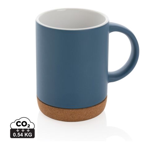 Werbeartikel 280 ml Kaffeebecher aus Keramik mit Korkboden matte Optik & natürliches Design als Geschenk – blau – mit Logo bedruckt