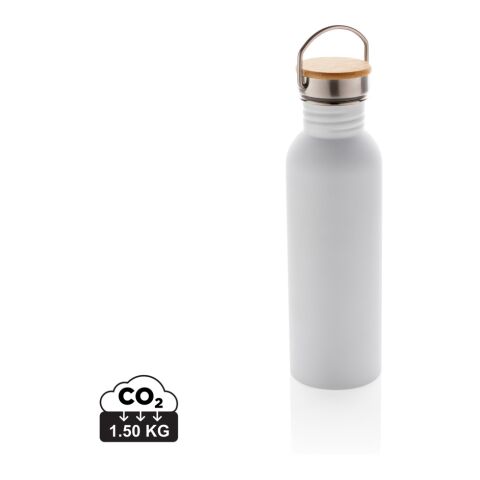 Werbeartikel Moderne 700 ml Edelstahl-Trinkflasche einwandig mit Bambusdeckel & Edelstahlgriff BPA-frei – weiss – mit Logo bedruckt