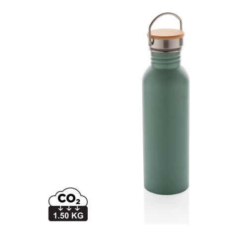 Werbeartikel Moderne 700 ml Edelstahl-Trinkflasche einwandig mit Bambusdeckel & Edelstahlgriff BPA-frei – grün – mit Logo bedruckt