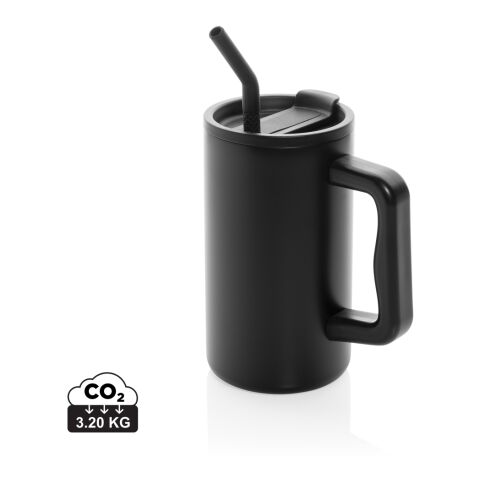 Werbeartikel Cube 800 ml XXL Coffee-to-go Thermobecher aus RCS Recycling-Edelstahl vakuumisoliert mit Strohhalm – schwarz – mit Logo bedruckt