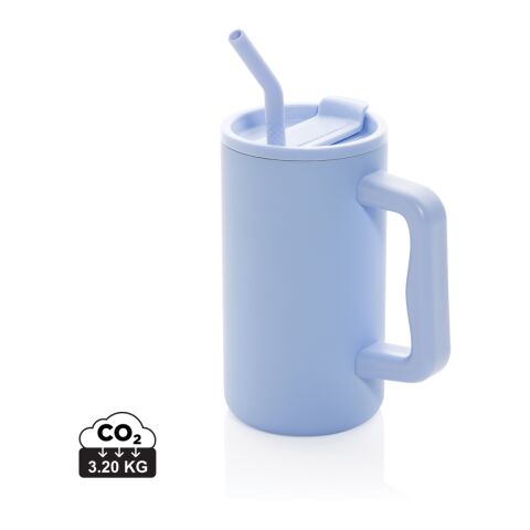 Werbeartikel Cube 800 ml XXL Coffee-to-go Thermobecher aus RCS Recycling-Edelstahl vakuumisoliert mit Strohhalm – hellblau – mit Logo bedruckt