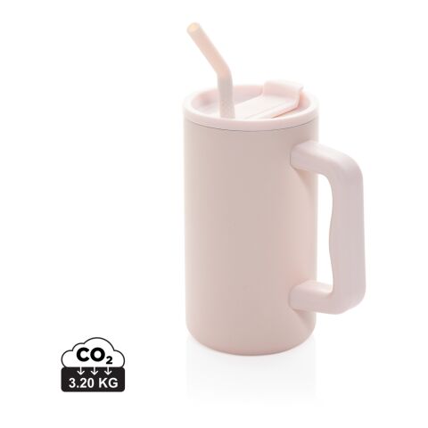 Werbeartikel Cube 800 ml XXL Coffee-to-go Thermobecher aus RCS Recycling-Edelstahl vakuumisoliert mit Strohhalm – rosa – mit Logo bedruckt
