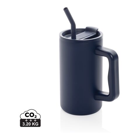 Werbeartikel Cube 800 ml XXL Coffee-to-go Thermobecher aus RCS Recycling-Edelstahl vakuumisoliert mit Strohhalm – navy blau – mit Logo bedruckt