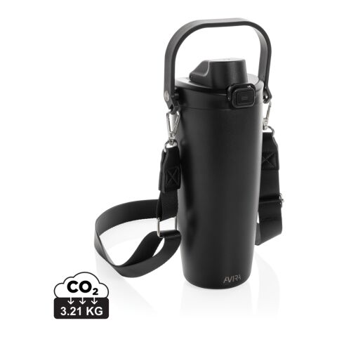 Werbeartikel Avira Ayala 600ml Crossbody Becher aus RCS recyceltem Stahl mit Trageband & Duosip Deckel – schwarz – mit Logo bedruckt