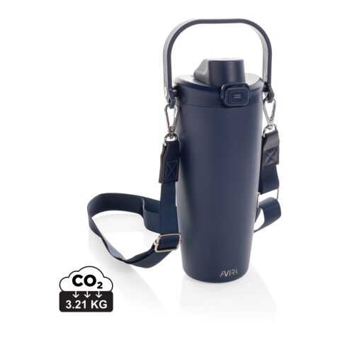 Werbeartikel Avira Ayala 600ml Crossbody Becher aus RCS recyceltem Stahl mit Trageband & Duosip Deckel – navy blau – mit Logo bedruckt