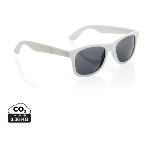 Nachhaltiger Werbeartikel Sonnenbrille aus GRS recyceltem PP-Kunststoff – weiss – mit Logo bedruckt
