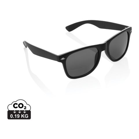 Nachhaltiger Werbeartikel Sonnenbrille aus GRS recyceltem Kunststoff – schwarz – mit Logo bedruckt