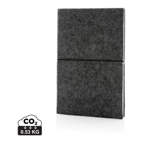 Nachhaltiger Werbeartikel A5-Softcover-Notizbuch aus GRS-zertifiert recyceltem Filz – schwarz – mit Logo bedruckt