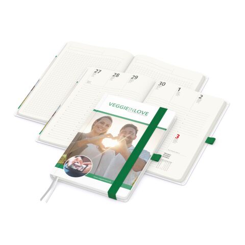 Nachhaltiger Werbeartikel Wochenkalender vorne + Notizen hinten Match-Hybrid RECYCLING Papier-Hardcover A5 – Grün – DIN A5 – mit Logo bedruckt