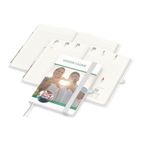 Nachhaltiger Werbeartikel Wochenkalender vorne + Notizen hinten Match-Hybrid RECYCLING Papier-Hardcover A5 – Weiss – DIN A5 – mit Logo bedruckt
