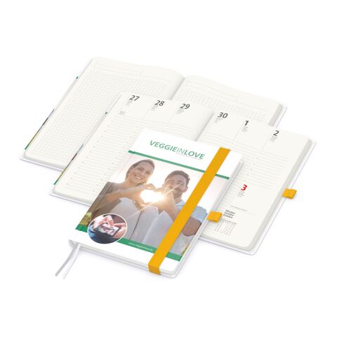 Nachhaltiger Werbeartikel Wochenkalender vorne + Notizen hinten Match-Hybrid RECYCLING Papier-Hardcover A5 – Gelb – DIN A5 – mit Logo bedruckt