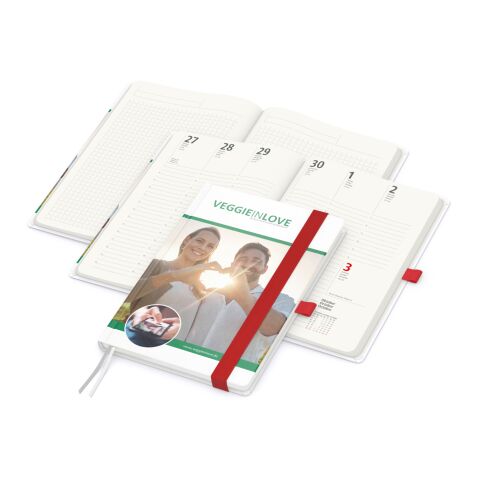Nachhaltiger Werbeartikel Wochenkalender vorne + Notizen hinten Match-Hybrid RECYCLING Papier-Hardcover A5 – Rot – DIN A5 – mit Logo bedruckt