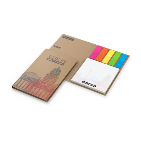 Haftnotiz-Set Berlin Zettel quadratisch Karton-Umschlag mit Buchöffnung 79 × 128 mm | ohne Werbeanbringung | ohne Werbeanbringung | ohne Werbeanbringung | transparente, farbige Folie | Naturkarton braun