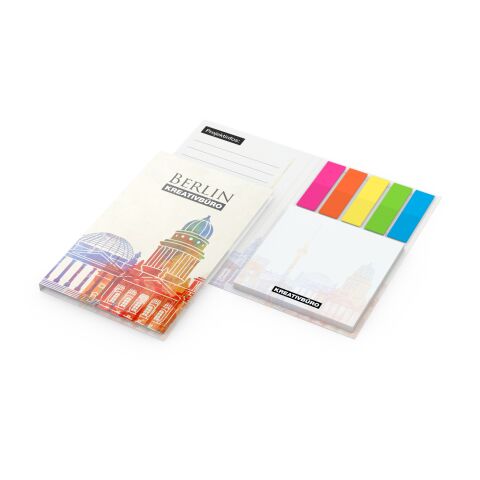 Haftnotiz-Set Berlin Zettel quadratisch Karton-Umschlag mit Buchöffnung 79 × 128 mm | ohne Werbeanbringung | ohne Werbeanbringung | ohne Werbeanbringung | transparente, farbige Folie | Naturkarton weiß