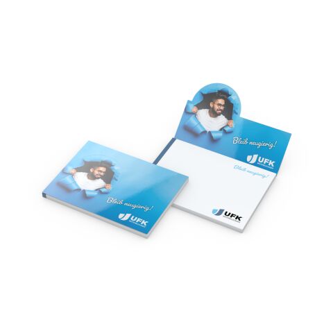 Haftnotizblock Cover Pop-Up Aufsteller formgestanzt Karton-Umschlag 100 × 72 mm | 4C-Quality | ohne Werbeanbringung | kleiner Halbkreis links