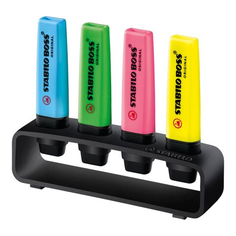 Werbeartikel STABILO BOSS ORIGINAL 4er Tisch-Set Leuchtmarkierer – schwarz – mit Logo bedruckt