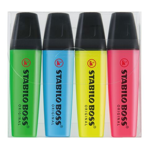 STABILO BOSS ORIGINAL 4er-Set Leuchtmarkierer 3-farbiger Siebdruck