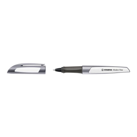 Werbeartikel STABILO Modern Flow Gelroller – silber/weiss – mit Logo bedruckt