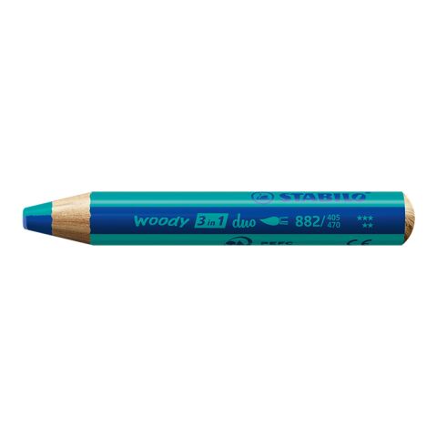 Werbeartikel STABILO woody duo Farbstift – marineblau/türkis – mit Logo bedruckt