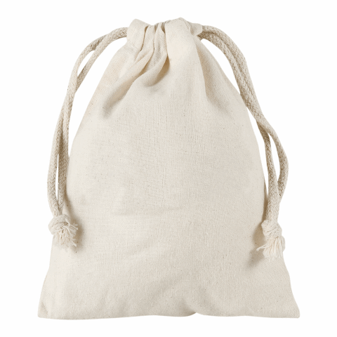 Werbeartikel TEXXILLA Zuziehbeutel aus Baumwolle, 10 x 14 cm, ca. 140 g/m² – beige – mit Logo bedruckt