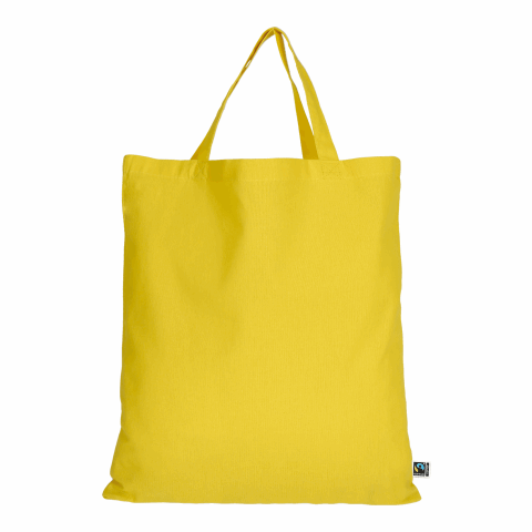 Werbeartikel TEXXILLA Tasche aus Fairtrade-zertifizierter Baumwolle mit zwei kurzen Henkeln, ca. 140 g/m² – gelb – mit Logo bedruckt