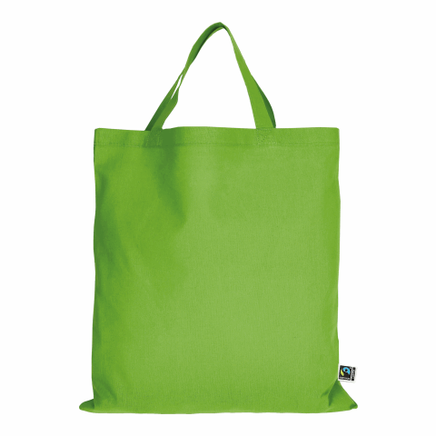 Werbeartikel TEXXILLA Tasche aus Fairtrade-zertifizierter Baumwolle mit zwei kurzen Henkeln, ca. 140 g/m² – hellgrün – mit Logo bedruckt