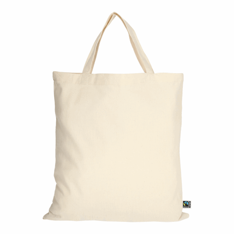 Werbeartikel TEXXILLA Tasche aus Fairtrade-zertifizierter Baumwolle mit zwei kurzen Henkeln, ca. 140 g/m² – beige – mit Logo bedruckt