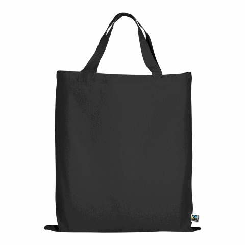 Werbeartikel TEXXILLA Tasche aus Fairtrade-zertifizierter Baumwolle mit zwei kurzen Henkeln, ca. 140 g/m² – schwarz – mit Logo bedruckt