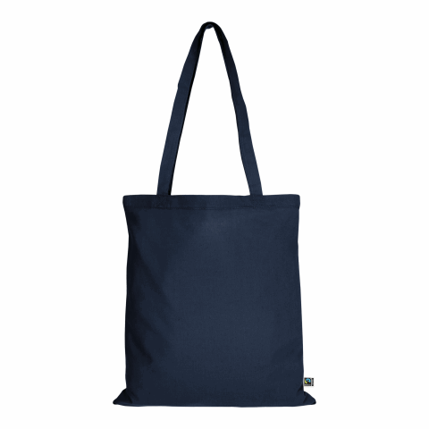 Werbeartikel TEXXILLA Tasche aus Fairtrade-zertifizierter Baumwolle mit zwei langen Henkeln, ca. 140 g/m² – marineblau – mit Logo bedruckt