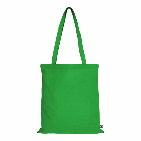 Werbeartikel TEXXILLA Tasche aus Fairtrade-zertifizierter Baumwolle mit zwei langen Henkeln, ca. 140 g/m² – grün – mit Logo bedruckt