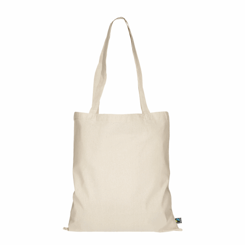 Werbeartikel TEXXILLA Tasche aus Fairtrade-zertifizierter Baumwolle mit zwei langen Henkeln, ca. 140 g/m² – beige – mit Logo bedruckt