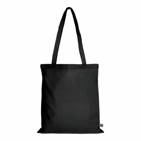 Werbeartikel TEXXILLA Tasche aus Fairtrade-zertifizierter Baumwolle mit zwei langen Henkeln, ca. 140 g/m² – schwarz – mit Logo bedruckt