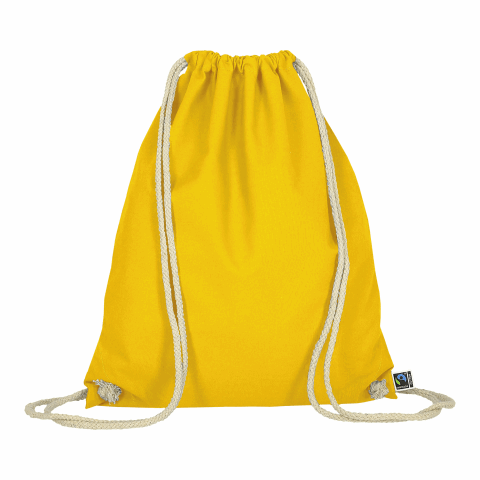 Werbeartikel TEXXILLA Turnbeutel aus Fairtrade-zertifizierter Baumwolle, ca. 140 g/m² – gelb – mit Logo bedruckt