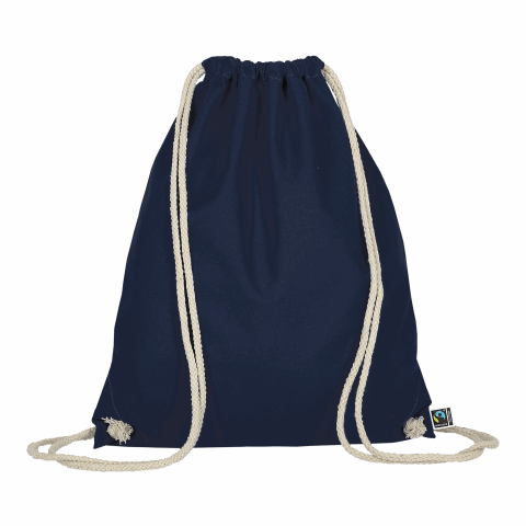 Werbeartikel TEXXILLA Turnbeutel aus Fairtrade-zertifizierter Baumwolle, ca. 140 g/m² – marineblau – mit Logo bedruckt