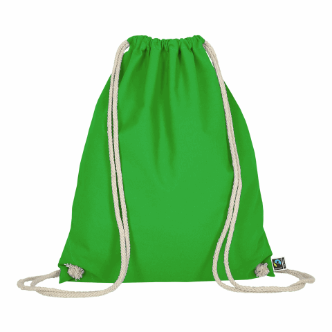 Werbeartikel TEXXILLA Turnbeutel aus Fairtrade-zertifizierter Baumwolle, ca. 140 g/m² – grün – mit Logo bedruckt