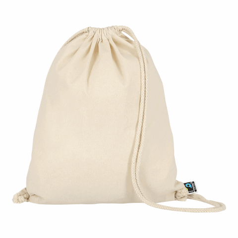 Werbeartikel TEXXILLA Turnbeutel aus Fairtrade-zertifizierter Baumwolle, ca. 140 g/m² – beige – mit Logo bedruckt