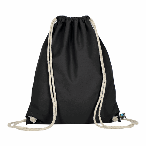 Werbeartikel TEXXILLA Turnbeutel aus Fairtrade-zertifizierter Baumwolle, ca. 140 g/m² – schwarz – mit Logo bedruckt