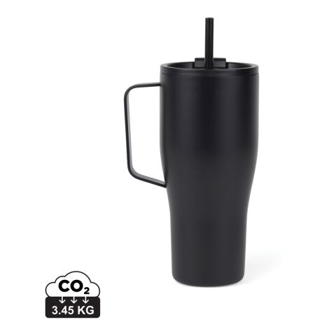 Werbeartikel VINGA Eos Voyager 800 ml Coffee-to-go Thermobecher aus RCS Recycling-Edelstahl vakuumisoliert mit Strohhalm – schwarz-schwarz – mit Logo