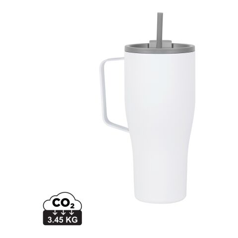 Werbeartikel VINGA Eos Voyager 800 ml Coffee-to-go Thermobecher aus RCS Recycling-Edelstahl vakuumisoliert mit Strohhalm – weiss-anthrazit – mit Logo