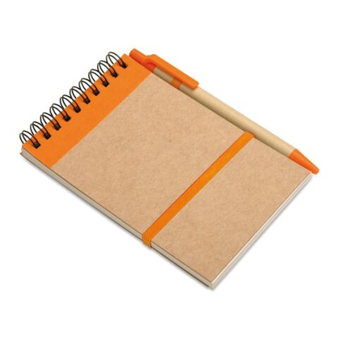 Nachhaltiger Werbeartikel DIN A6 Notizbuch recycelt mit Kugelschreiber – orange – mit Logo bedruckt