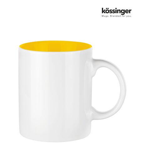 Werbeartikel Kössinger Carina 300 ml Kaffeebecher aus Steinzeug für Full-Color Digitaldruck geradlinig Glas – weiss-gelb – mit Logo bedruckt
