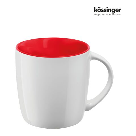 Werbeartikel Kössinger Ennia 300 ml Keramik Kaffeebecher moderne Form mit farbiger Innenglasur ideal als Sammeltasse – weiss-rot – mit Logo bedruckt