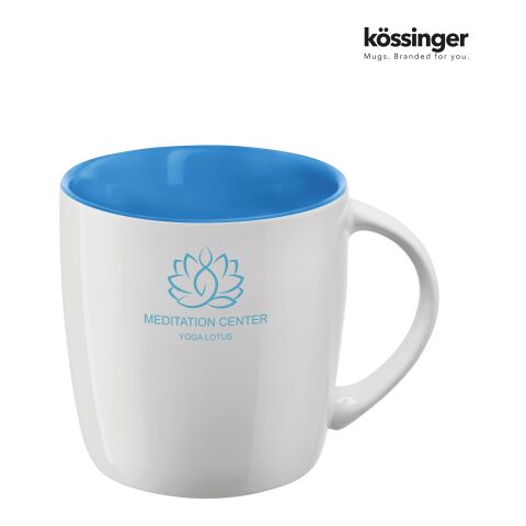 Werbeartikel Kössinger Ennia 300 ml Keramik Kaffeebecher moderne Form mit farbiger Innenglasur ideal als Sammeltasse – weiss-blau – mit Logo bedruckt