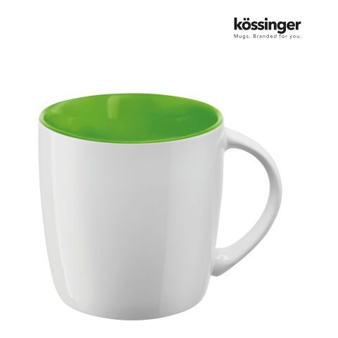 Werbeartikel Kössinger Ennia 300 ml Keramik Kaffeebecher moderne Form mit farbiger Innenglasur ideal als Sammeltasse – weiss-grün – mit Logo bedruckt