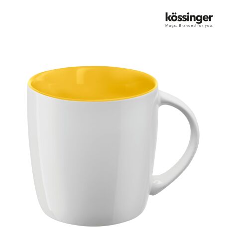 Werbeartikel Kössinger Ennia 300 ml Keramik Kaffeebecher moderne Form mit farbiger Innenglasur ideal als Sammeltasse – weiss-gelb – mit Logo bedruckt