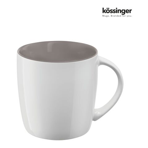 Werbeartikel Kössinger Ennia 300 ml Keramik Kaffeebecher moderne Form mit farbiger Innenglasur ideal als Sammeltasse – weiss-grau – mit Logo bedruckt